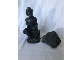 Welsh Coal Miner Sculpture And Chunk Of Coal