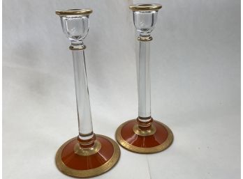 Mid Century Orange And Gold Candlesticks