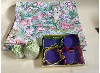 Easter Lot Including Tablecloth, Salt And Pepper And Cookie Cutters