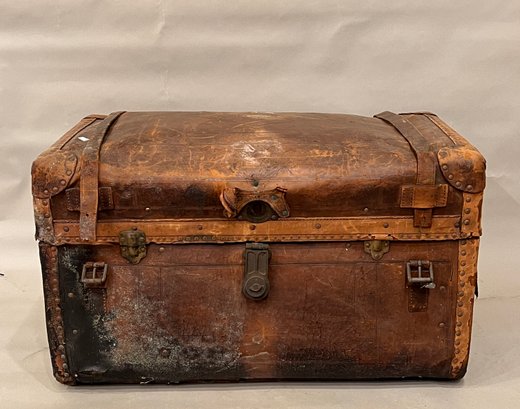 Antique Leather Trunk With Tooled Design