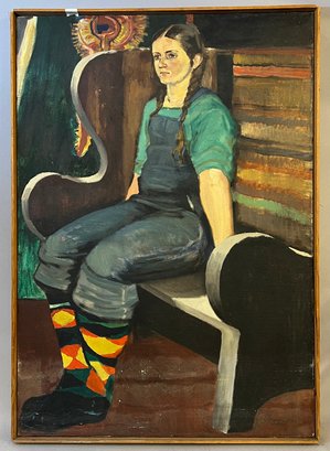 Oil On Canvas Of A Girl Seated On Bench
