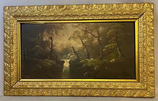 Antique Oil On Canvas Waterfall In The Forest Scene