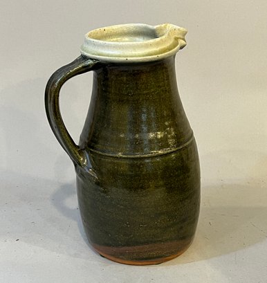 Redware Water Pitcher With Brown And White Glaze