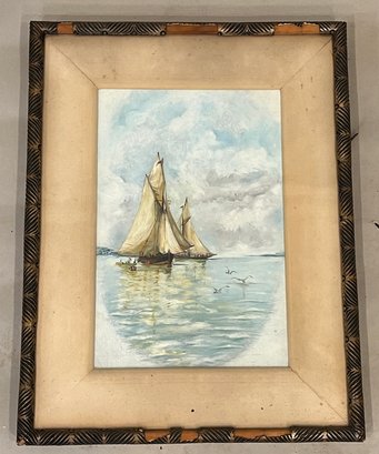 Oil On Canvas Of Sailboats People And Seagulls