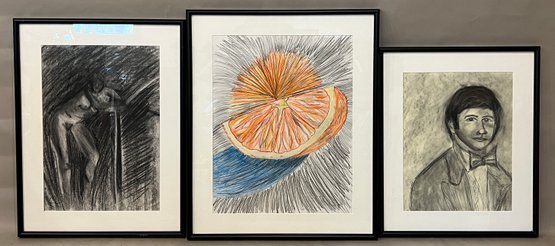 Three Pieces Charcoal And Crayon Drawings