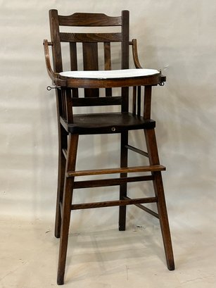 Antique Oak Childs High Chair With Removable Porcelain Tray