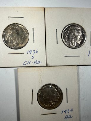 1936, 1936 D, 1936 S Buffalo Nickel  3 Pcs