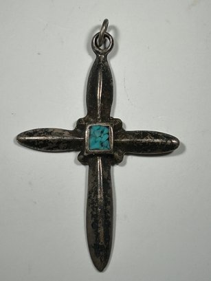 Vintage Sterling And Turquoise Cross