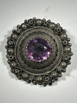 Sterling Silver Round Pin W Amethyst