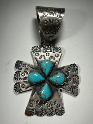 Large Turquoise And Sterling Silver Cross Pendant, Mexico
