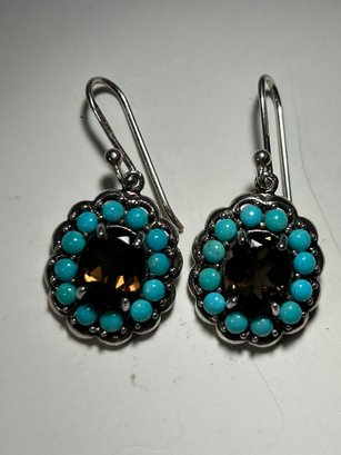 Turquoise, Smokey Quartz And Sterling Silver Earrings