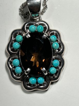 Sterling Silver, Turquoise, Smokey Quartz Necklace