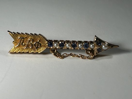 14k Yellow Gold Sorority Arrow Pin W Pearls And Sapphires