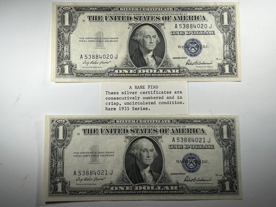 (2) 1 Dollar Silver Certificate Blue Seal 1935 F Consecutive Numbers