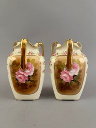 Pair Of Handpainted Nippon Three Handled Vases With Roses