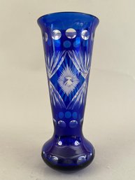 Blue Bohemian Glass Cut To Clear Vase