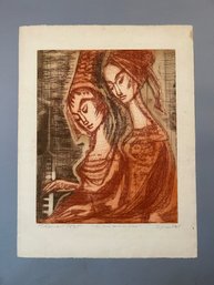 Etienne Ret Woodcut Les Deux Soeurs Au Piano