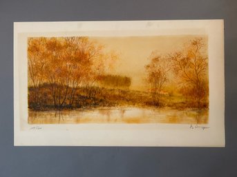 Print Of A Pond With A House In The Background Signed