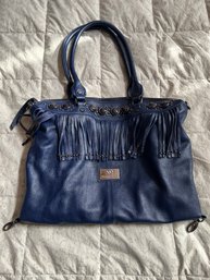 Original By Sharif Blue Purse With Fringe And Grey Embellishments