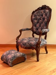 Victorian Walnut Upholstered Armchair With Stool