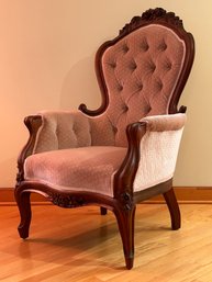 Victorian Walnut Upholstered Armchair With Floral Carved Crest