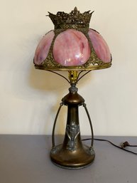 Antique Slag Glass Lamp With Pink Shade