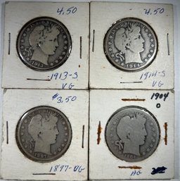 4 Barber Half Dollar 1904 O, 1897, 1914 S,1913 S