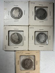 5 Barber Quarters1915D,1895,1899(2),1898