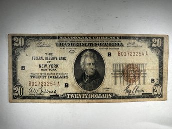 1929 20 Dollar Bill, National Currency New York