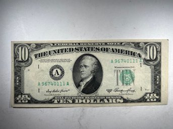 1950 A 10 Dollar Bill, Federal Reserve Note Off Center