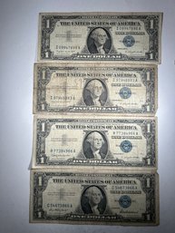 4 Silver Certificate 1 Dollar Bill, 1957, 1957 B, 1957 A(2)