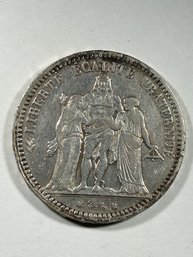 1849 A  5 Francs Herculean Group France .900 Silver