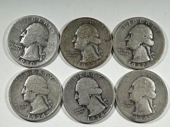 6 Washington Quarters 1934-40 Silver
