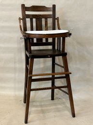 Antique Oak Childs High Chair With Removable Porcelain Tray