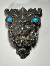 Vintage Turquoise And Sterling Silver Lion Head Pin
