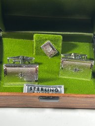 Vintage Sterling Silver Tie Pin And Cufflinks W Diamonds