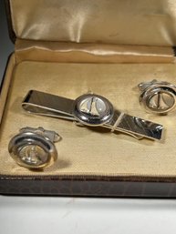 Vintage Sterling Silver Tie Clip And Cufflinks W Sailboat