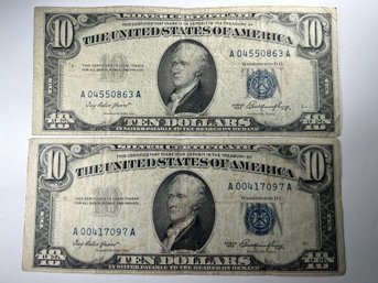 2 10 Dollar Silver Certificates, 1953