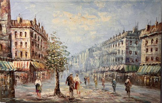 Vintage Oil Painting On Canvas Paris Street View, Unframed, Unsigned