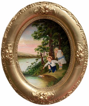 Original Antique Oil Painting On Porcelain, Unsigned, Children, Framed