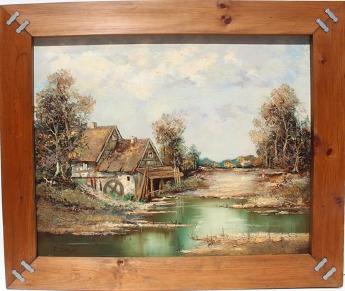Vintage Oil Painting On Canvas, Rural Landscape, Signed R.David, Framed