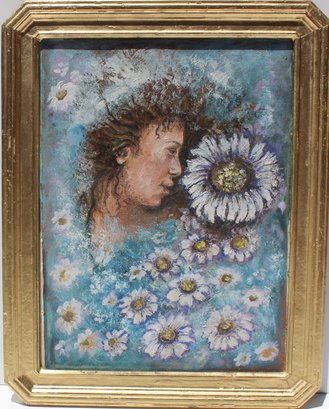Vintage Oil Painting On Canvas, Portrait Of A Young Woman Among Flowers