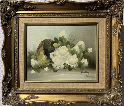 Original Painting On Canvas Still Life, Flowers, Framed, Signed Bossy