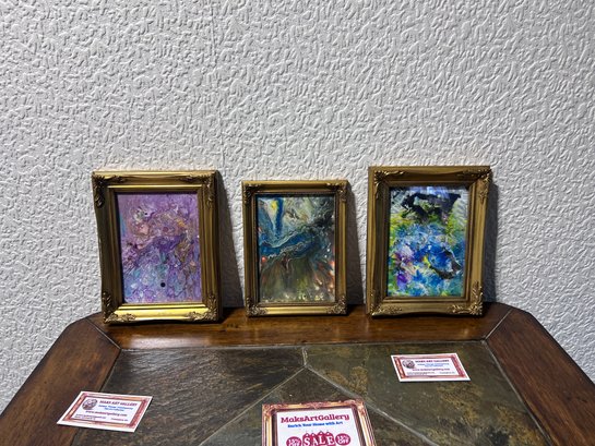 Set Of 3 Small Original Modern Contemporary Paintings On Canvas, Abstract, Fantasy Style