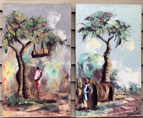 Set Of Two Vintage African Oil On Canvas Paintings, Villages With Figures Signed