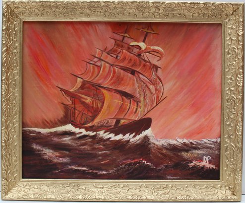 Vintage Oil Painting On Board, Seascape, Clipper Ship On Sunset, Signed, Framed