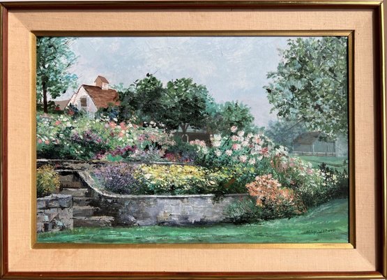 American Artist Sally Wagner Vintage 1990 Painting On Canvas, Flowers Garden