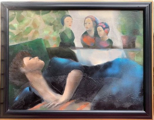 1987 American Artist Mase Lucas Painting On Canvas, Titled 'Nostalgic Woman On A Divan'