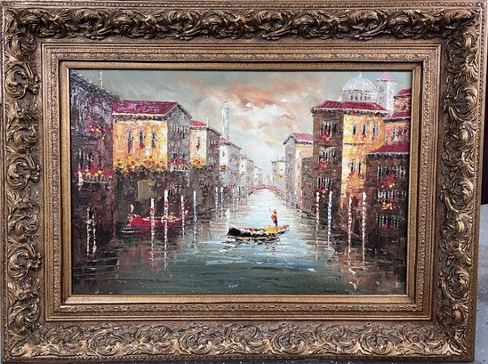 Large Oil Painting On Canvas, Italy, Venice, Signed, Gorgeous Gold Frame