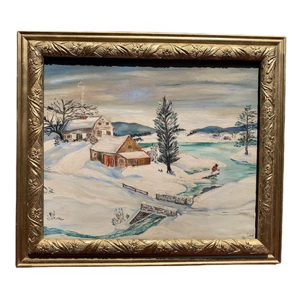 Vintage Oil Painting On Board, Winter Rural Landscape, Signed, Framed